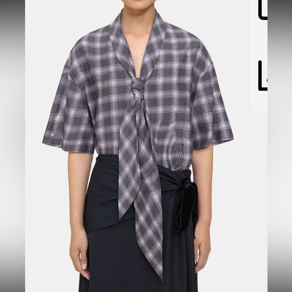 Nwot Theory Wrinkle Check Tie-neck Shirt In Grey
$325 spring business classic